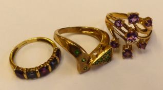 Three 9ct gold dress rings set with semi precious stones, sizes L-N, combined weight 9.6g (3).