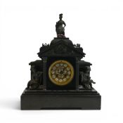 19th century French architectural mantel clock, crafted from black slate, featuring classic temple-