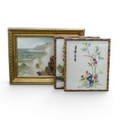 A pair of oriental embroided silk art pieces, featuring landscape scenes, together with mid-