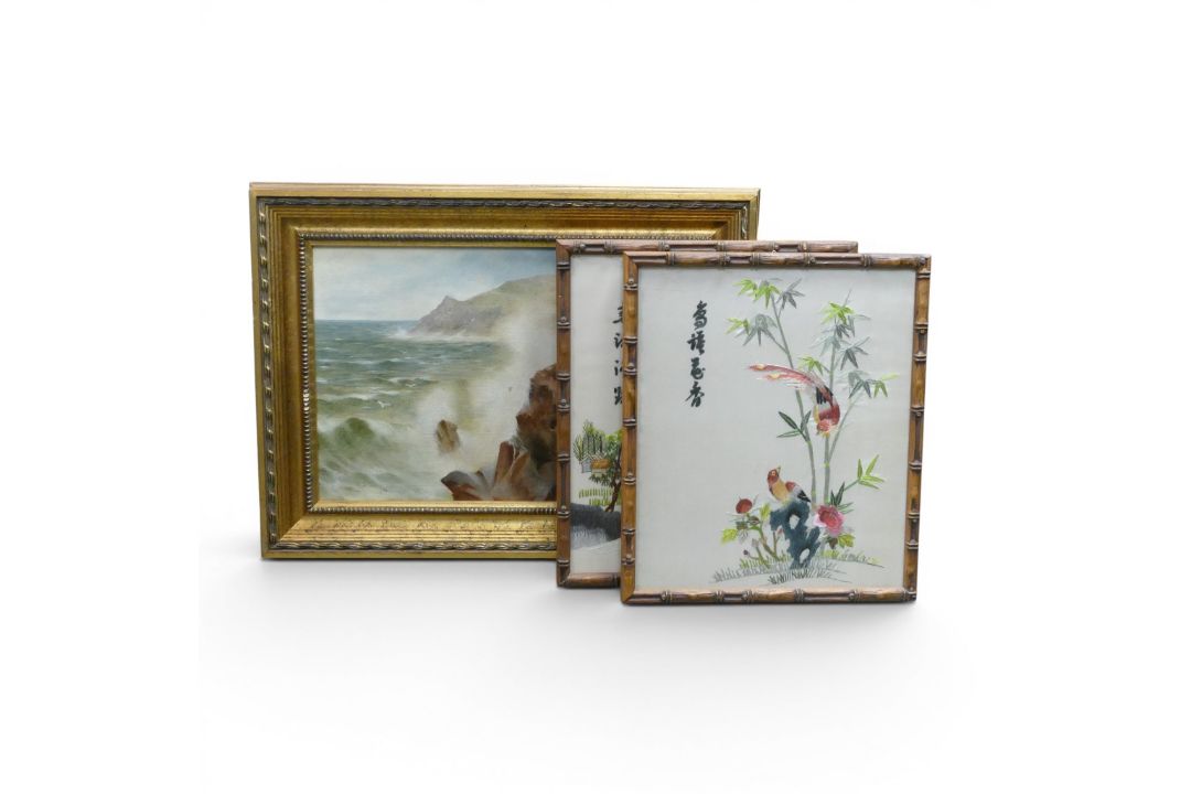A pair of oriental embroided silk art pieces, featuring landscape scenes, together with mid- - Image 1 of 2