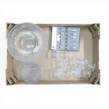 Footed crystal fruit bowl, with smaller crystal rose bowl featuring an etched fuchsia pattern,