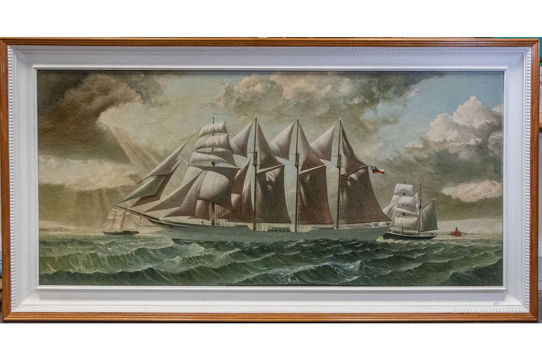 David Higgins, "At Sea Under a Chilean flag" a large Oil painting on wood of 19th century four - Image 1 of 9
