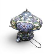 Tiffany Style Lamp Base and Shade In Purple, Pink and Ruby Floral Design on Cream Ground. Dia:-40cm