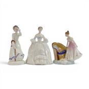 Royal Doulton lady figures featuring Beat You To It HN2871, Little Bo-Beep HN3030 and Lady in