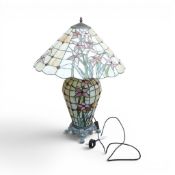 Tiffany Style Lamp Base and Shade Depicting Floral Designs In Dark Rose/Pink Colours On Cream