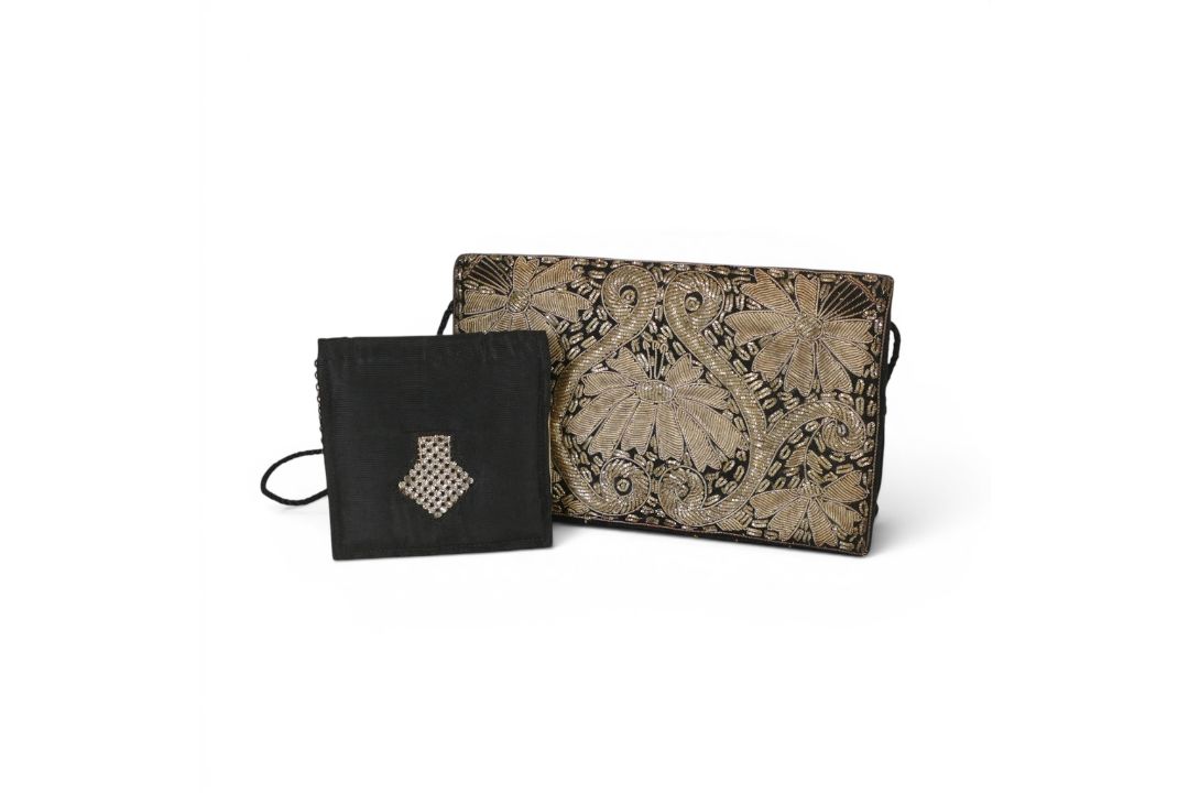 Vintage 10950/60's Evening Clutch Bag featuring silver zardozi embroidery floral patterned front - Image 1 of 3