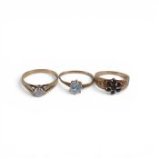 Three 9ct gold rings, each set with various gem and cz stones,sizes M & P, 6.5g.