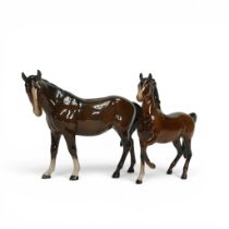 Beswick brown horses, Prancing Arab and mare. (2)
