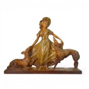 1930's Art Deco plaster figure of a lady with two dogs, marked Depose 145 on base. (H: 48.5cm)