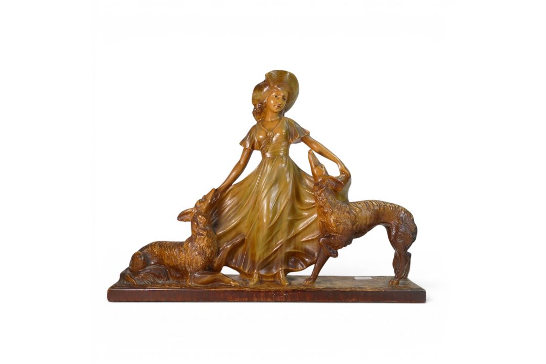 1930's Art Deco plaster figure of a lady with two dogs, marked Depose 145 on base. (H: 48.5cm) - Image 1 of 4