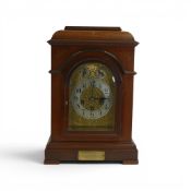 Early 20th Junghans Westminster Chime mantel clock, with mahogany inlaid case and arched top, with