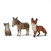 Beswick, large model of a walking fox, donkey and seated kitten. (3)