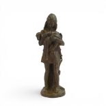 Sculpture of a young girl hold a lamb or a goat, standing on circular base, resin or plaster with