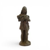 Sculpture of a young girl hold a lamb or a goat, standing on circular base, resin or plaster with