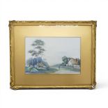 Late 19th/ early 20th century framed watercolour landscape, depicting a tranquil countryside