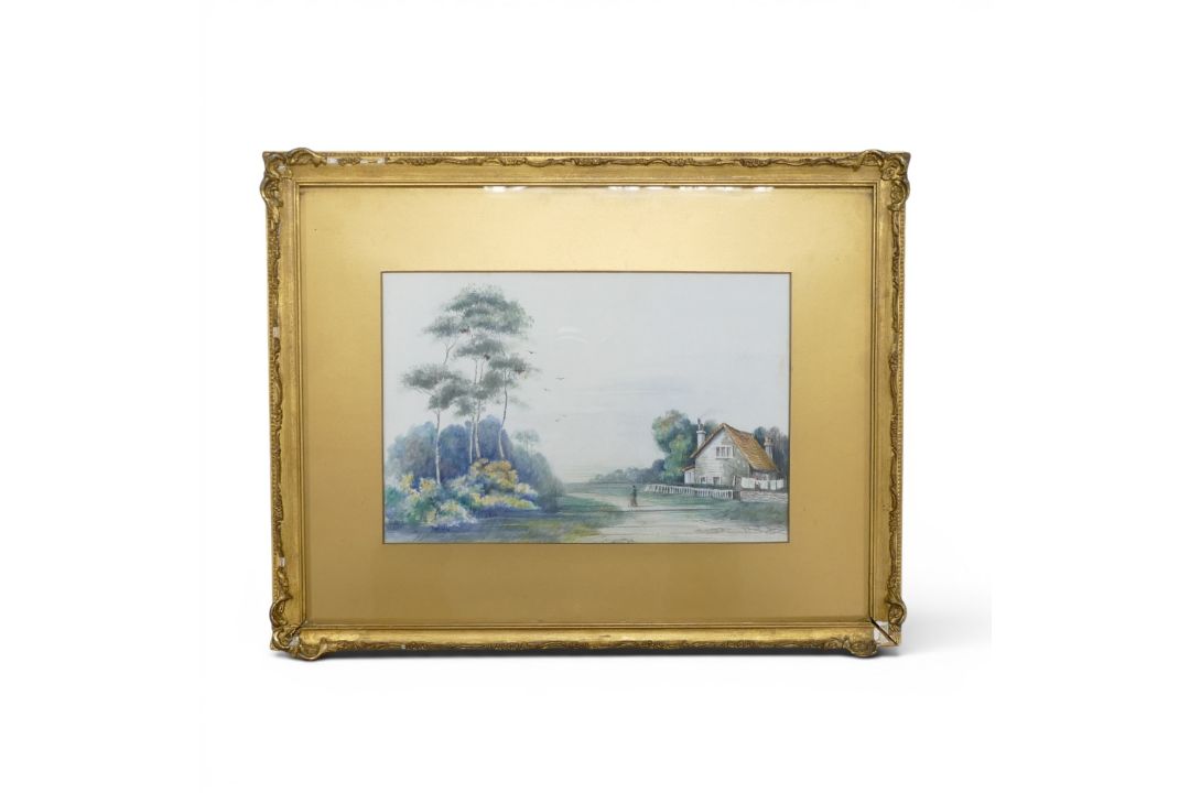 Late 19th/ early 20th century framed watercolour landscape, depicting a tranquil countryside - Image 1 of 3