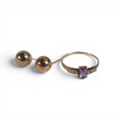 9ct gold pair earrings and 9ct gold ring set with centre amethyst and cz stones, size M, 1.4g.