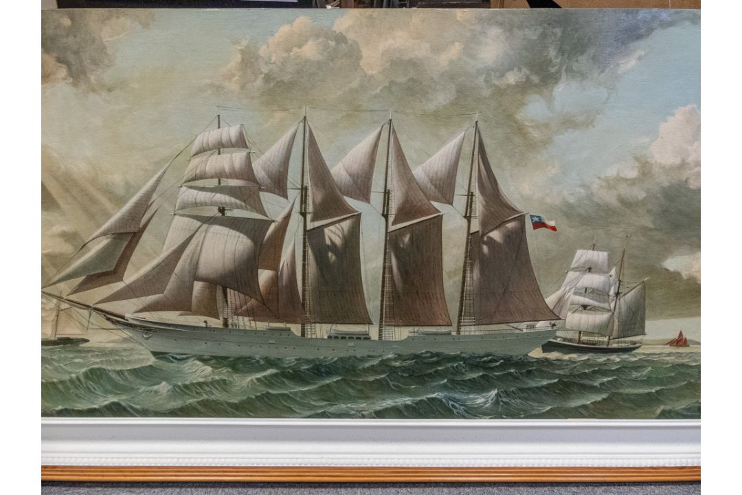 David Higgins, "At Sea Under a Chilean flag" a large Oil painting on wood of 19th century four - Image 2 of 9