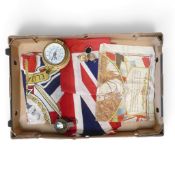 A collection of items to include brass compass, solid brass Porthole Tide clock, Union Jack's and