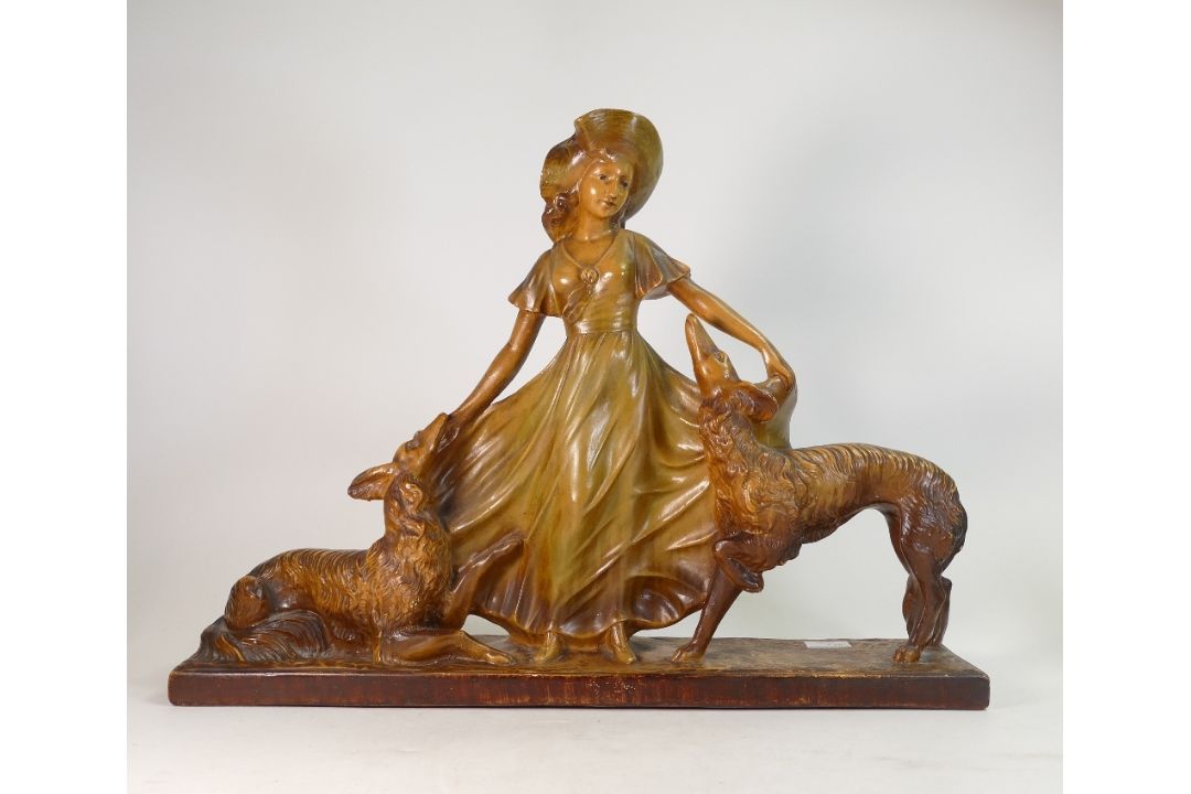 1930's Art Deco plaster figure of a lady with two dogs, marked Depose 145 on base. (H: 48.5cm) - Image 2 of 4
