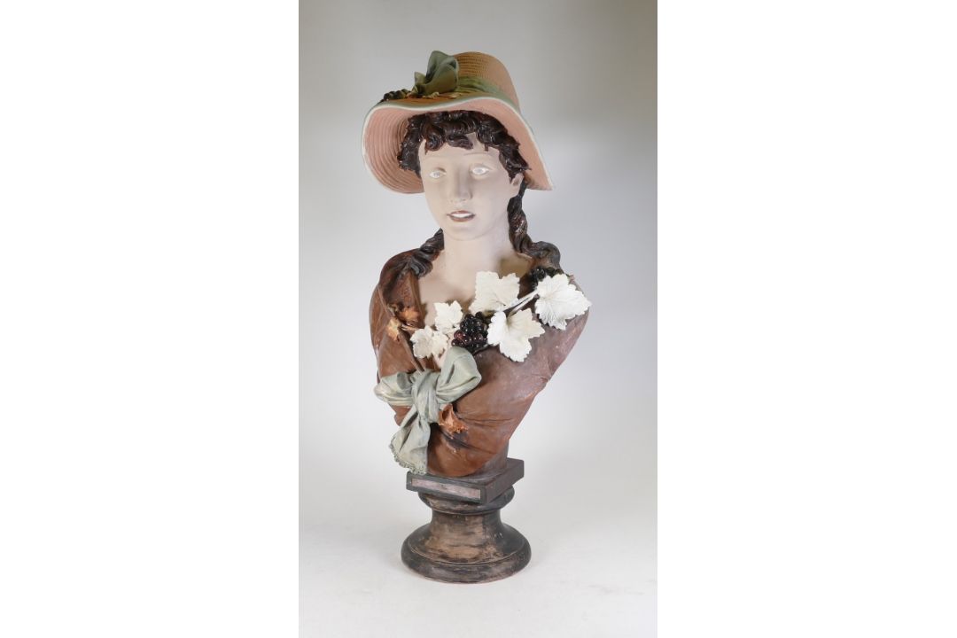 Very large ceramic bust of a lady wearing a hat, hat and blouse decorated with grapes and vines, - Image 2 of 4
