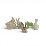 Vintage ornamental figurines to include porcelain hare, featuring blue and navy flambe glaze