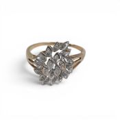 Yellow & white metal leaf cluster ring, electronically tested to be 9ct gold, size U,3.6g.