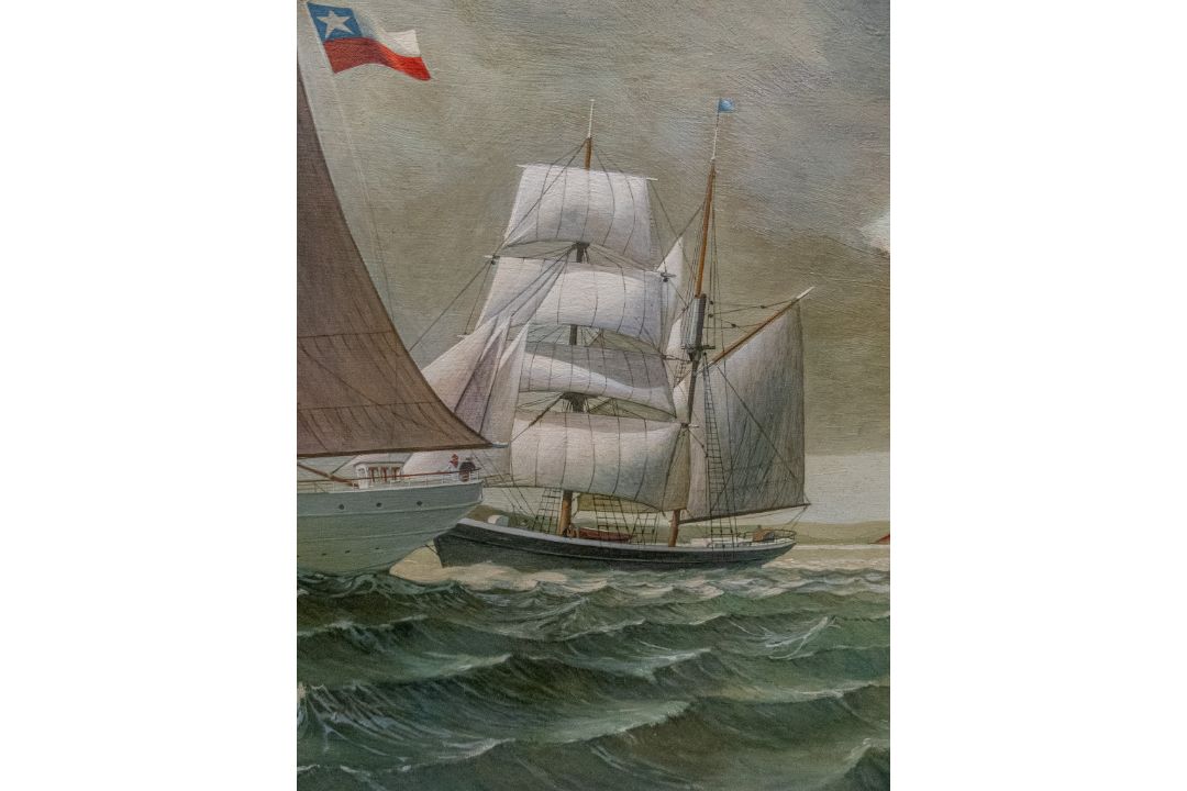 David Higgins, "At Sea Under a Chilean flag" a large Oil painting on wood of 19th century four - Image 8 of 9