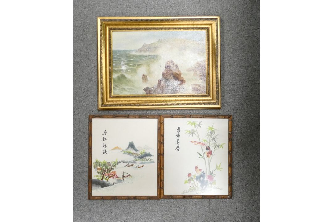 A pair of oriental embroided silk art pieces, featuring landscape scenes, together with mid- - Image 2 of 2