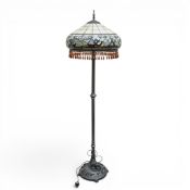 Tiffany Style Standard Lamp Base and Shade With Hanging Amber Droplets, Floral Design Around Base,