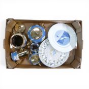 Gibsons blue jasperware style and gold gild teapot, milk jug, lidded sugar bowl, pitcher and biscuit