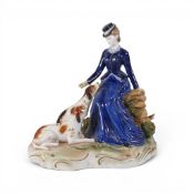 Royale Stratford hand-painted model of lady seated with two foxhounds. (H: 24cm)