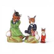 Royale Stratford hand-painted collection of comical fox figurines and small Whisky flask. (
