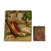 A Russian painted wooden religious Icon together with a Romanian painted wooden Icon, largest 19 x