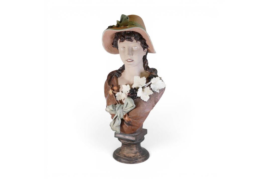 Very large ceramic bust of a lady wearing a hat, hat and blouse decorated with grapes and vines, - Image 1 of 4