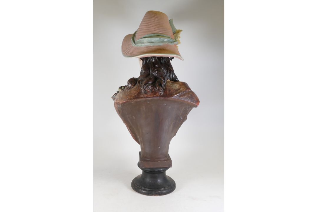 Very large ceramic bust of a lady wearing a hat, hat and blouse decorated with grapes and vines, - Image 3 of 4