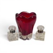 Ruby red glass vase, similar to the Molar design, and two cut glass and silver-topped ink wells