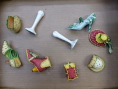 Small group of Willow Hall resin ornaments including hats, shoes, bags and hatstands (1 trays).