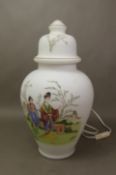 Large milk glass table lamp in the form of an Oriental Temple jar, height 39cm.