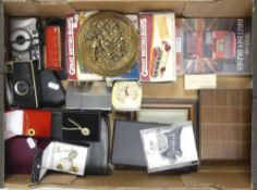A mixed selection to include:- Model Buses, wooden box, Gentleman's vanity case, travel clocks,