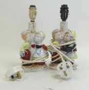A pair of early 20th century porcelain table lamps, depicting Dutch boy and girl about to kiss. (