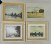 Three Framed Various Media Depiciting Architectural Water Scenes Together With A Small Farmers Field