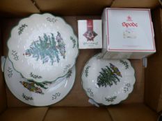 A collection of Spode Christmas tree pattern items to include cake plate, serving bowls, a boxed