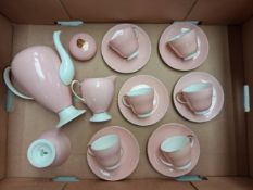 Wedgwood mid-century coffee set in pink and gold on white, 15pc (1 tray).