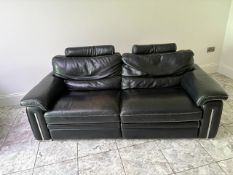Art Deco style quality black leather two seater settee with matching arm chair both reclining with