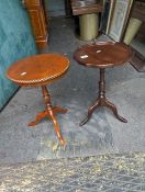 Mahogany pie crust edge tripod side table together with Walnut tripod side table, height of tallest
