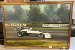 Dion Pears (British, 1929-1985), motor racing oil on canvas, signed lower left, in a gilt frame,