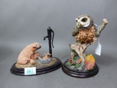 Two Country Artists resin sculptures, Little Owl and Pig with Water Pump, tallest 22cm (2).