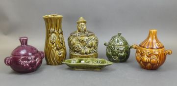 Sadler ceramic apple sauce, onion and beetroot face pots with covers, celery faced vase, cucumber