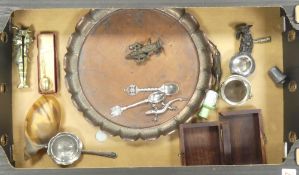 A mixed collection of items to include silver teaspoon, silver-plated tea strainer, copper tray,